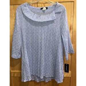 Yushi Womens Pullover Top Tunic Size Small Blue With White Circles Crinkled NWT!